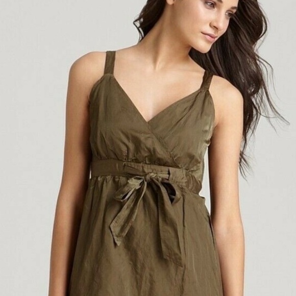 Eileen Fisher dress Steel Satin Faux Wrap Surplice Olivine NEW sz 10 - Picture 5 of 9